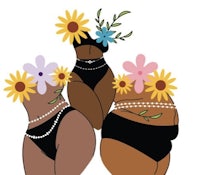 three women in bikinis with flowers and pearls